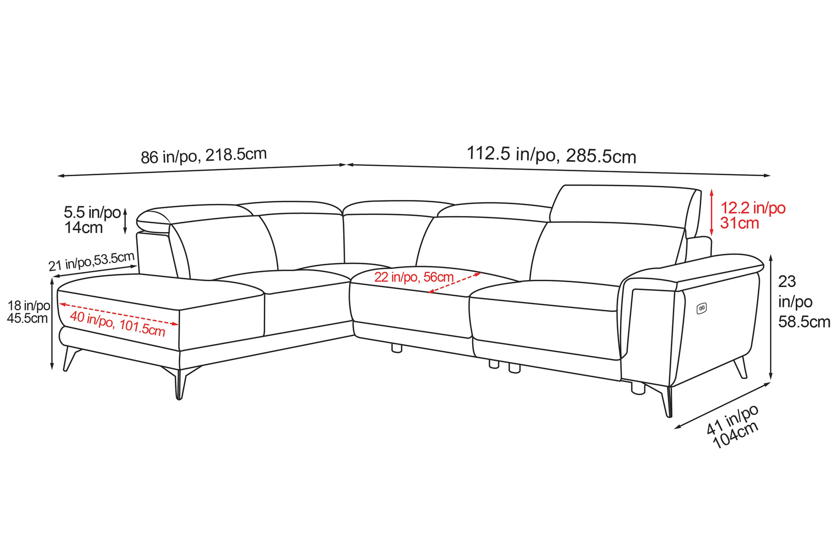 Valencia Pista Modern Top Grain Leather Reclining Sectional Sofa with Left-Hand Facing Chaise Size diagram