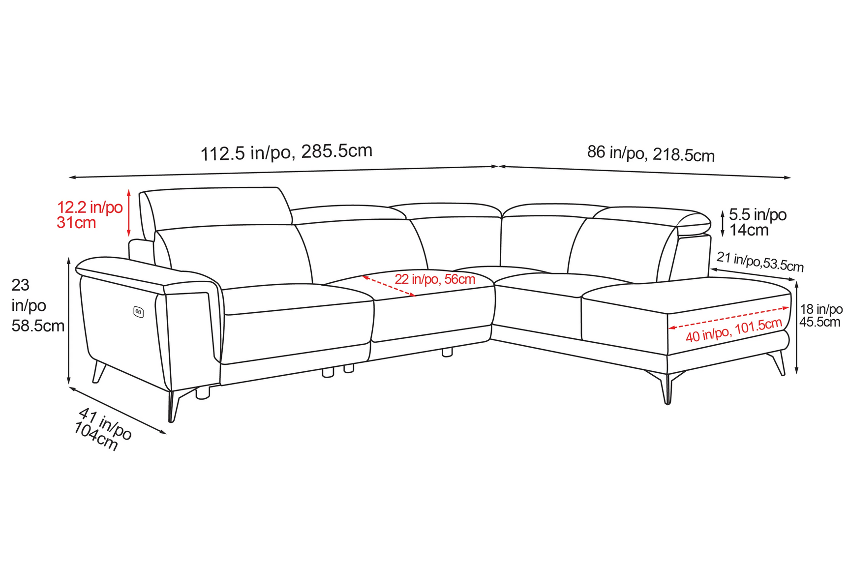 Valencia Pista Modern Top Grain Leather Reclining Sectional Sofa with Right-Hand Facing Chaise Size diagram
