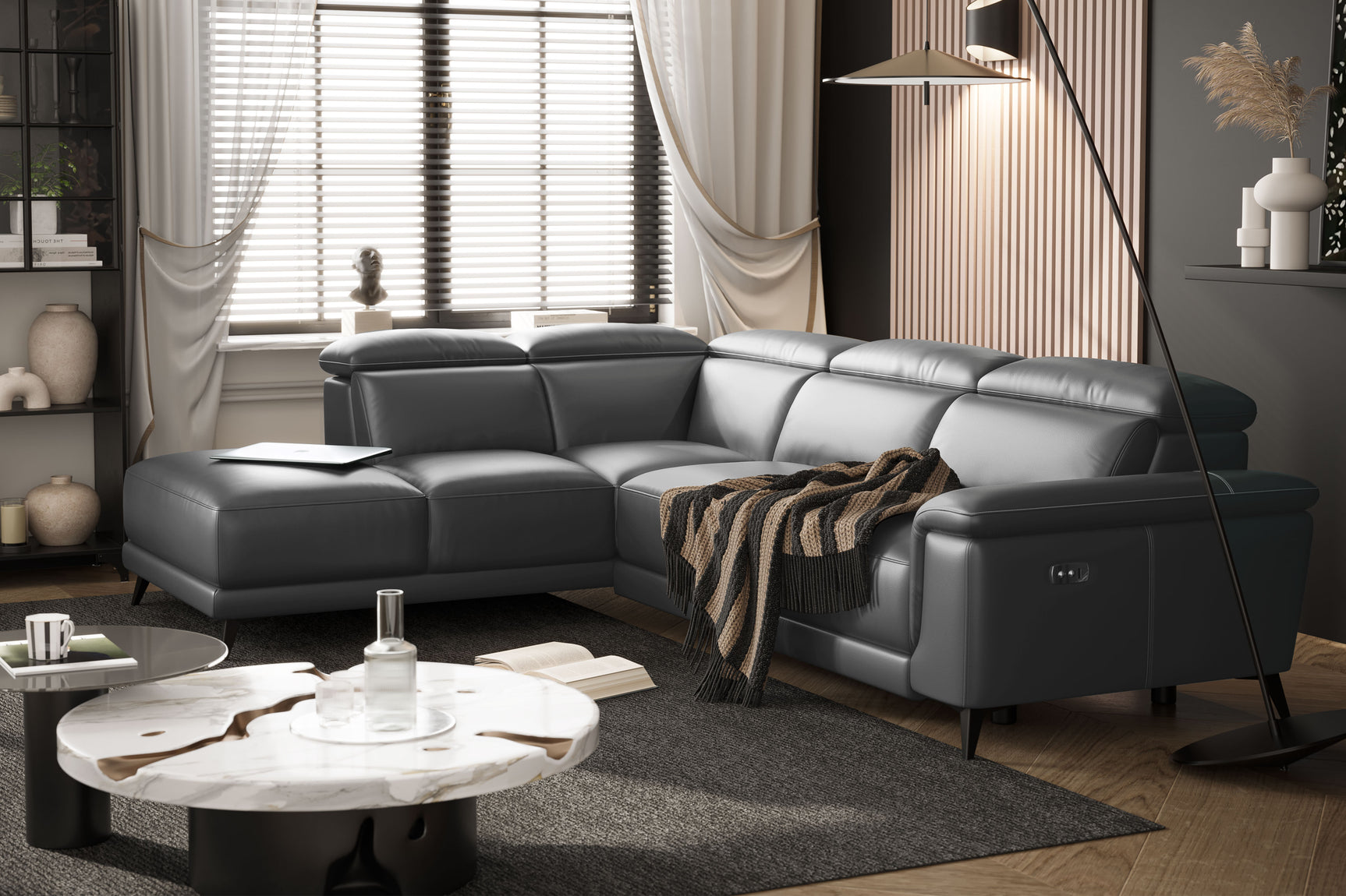 Valencia Pista Modern Top Grain Leather Reclining Sectional Sofa with Right-Hand Facing Chaise Scene diagram