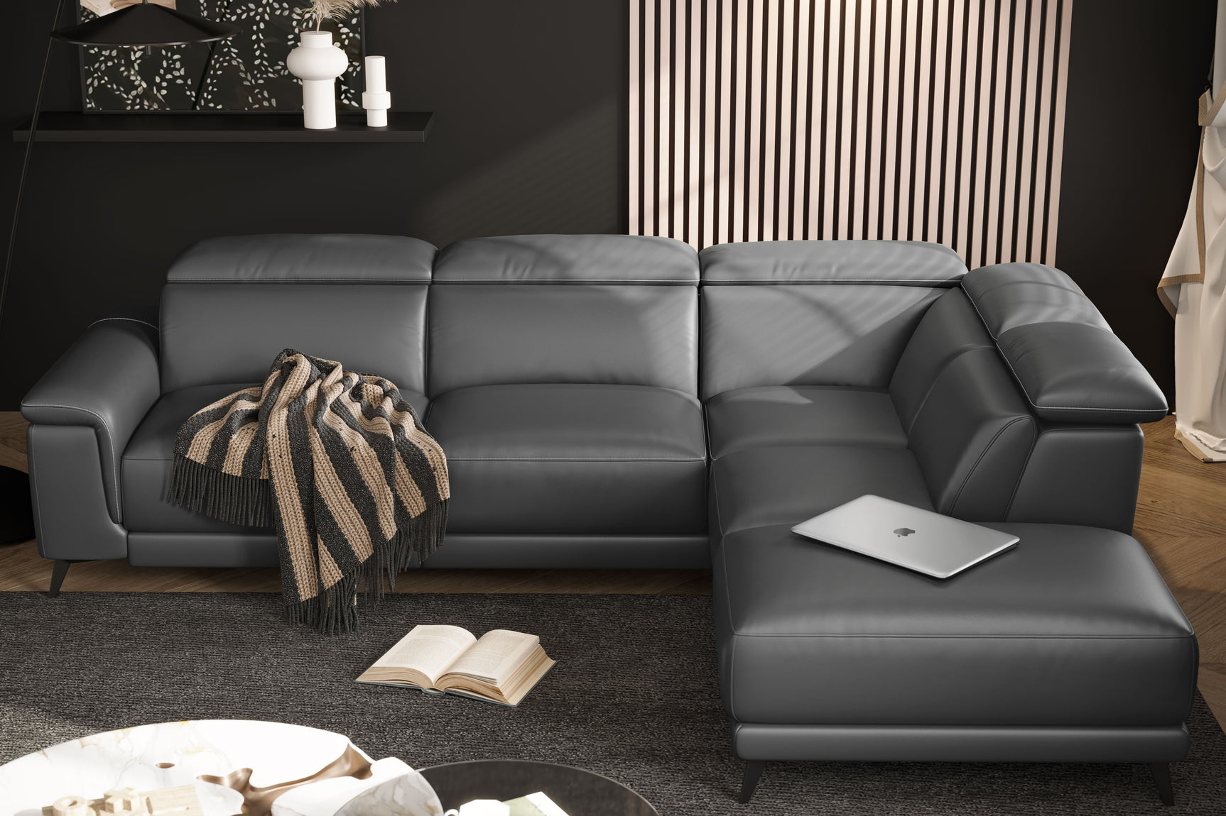 Valencia Pista Modern Top Grain Leather Reclining Sectional Sofa with Right-Hand Facing Chaise Detailed drawing