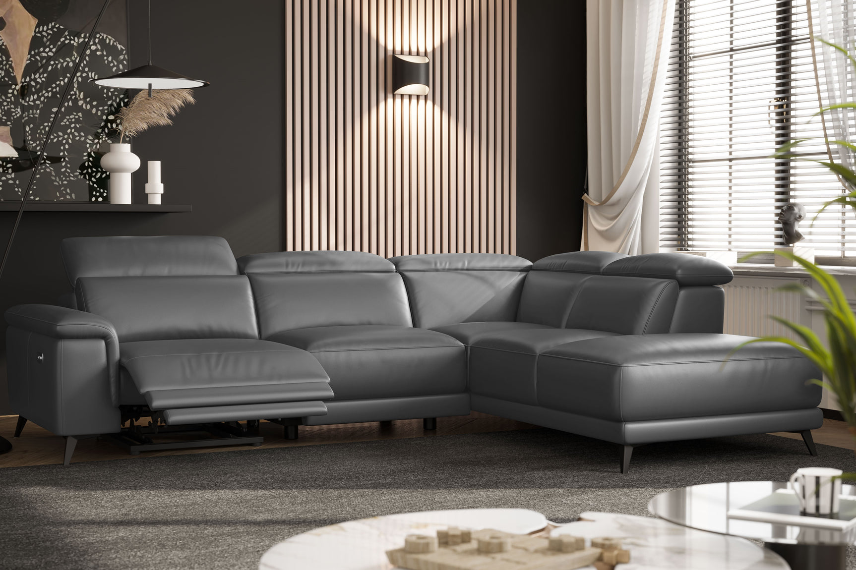 Valencia Pista Modern Top Grain Leather Reclining Sectional Sofa with Right-hand Facing Chaise, Grey Scene diagram