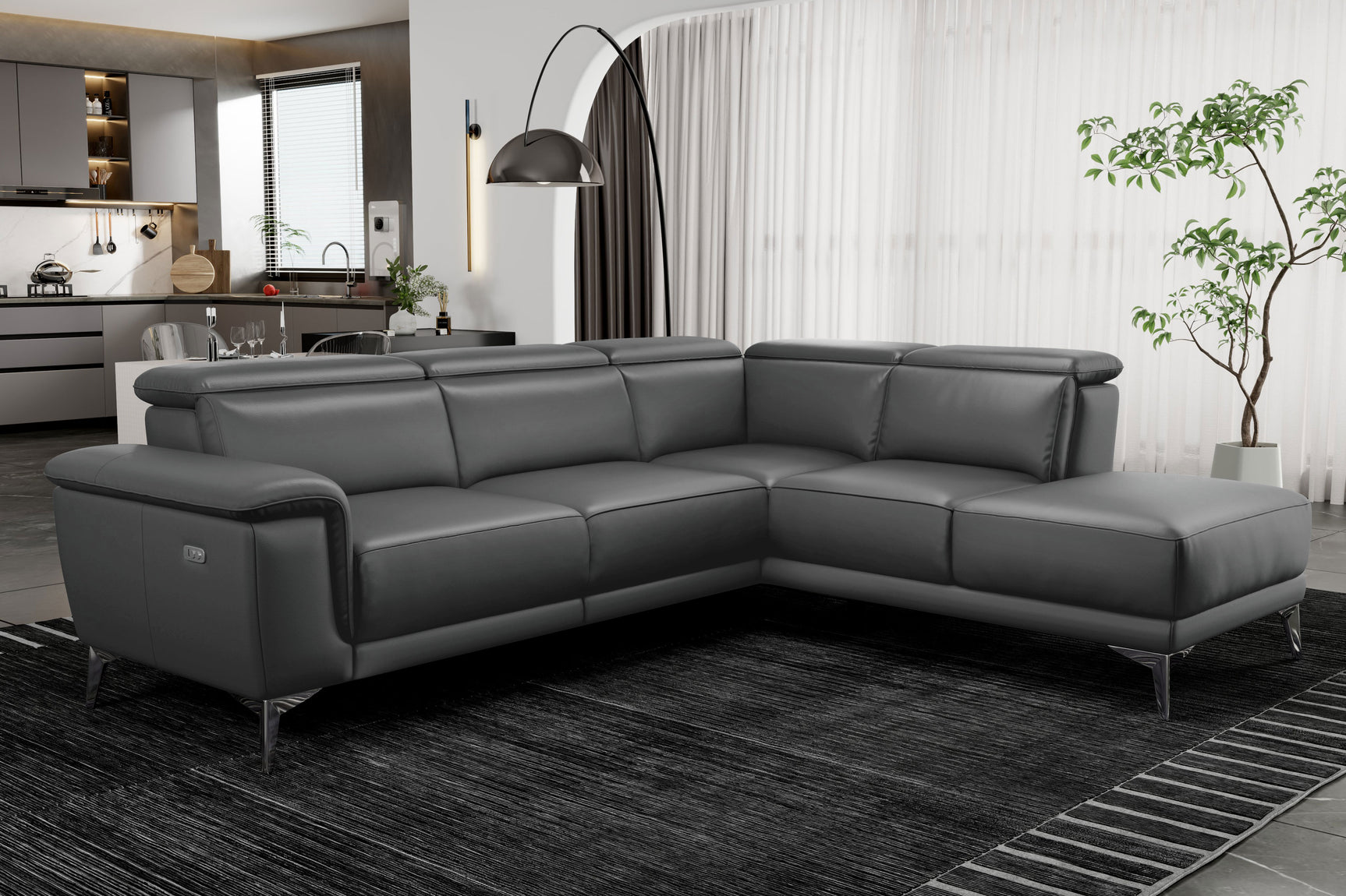 Valencia Pista Modern Top Grain Leather Reclining Sectional Sofa with Right-Hand Facing Chaise Scene diagram