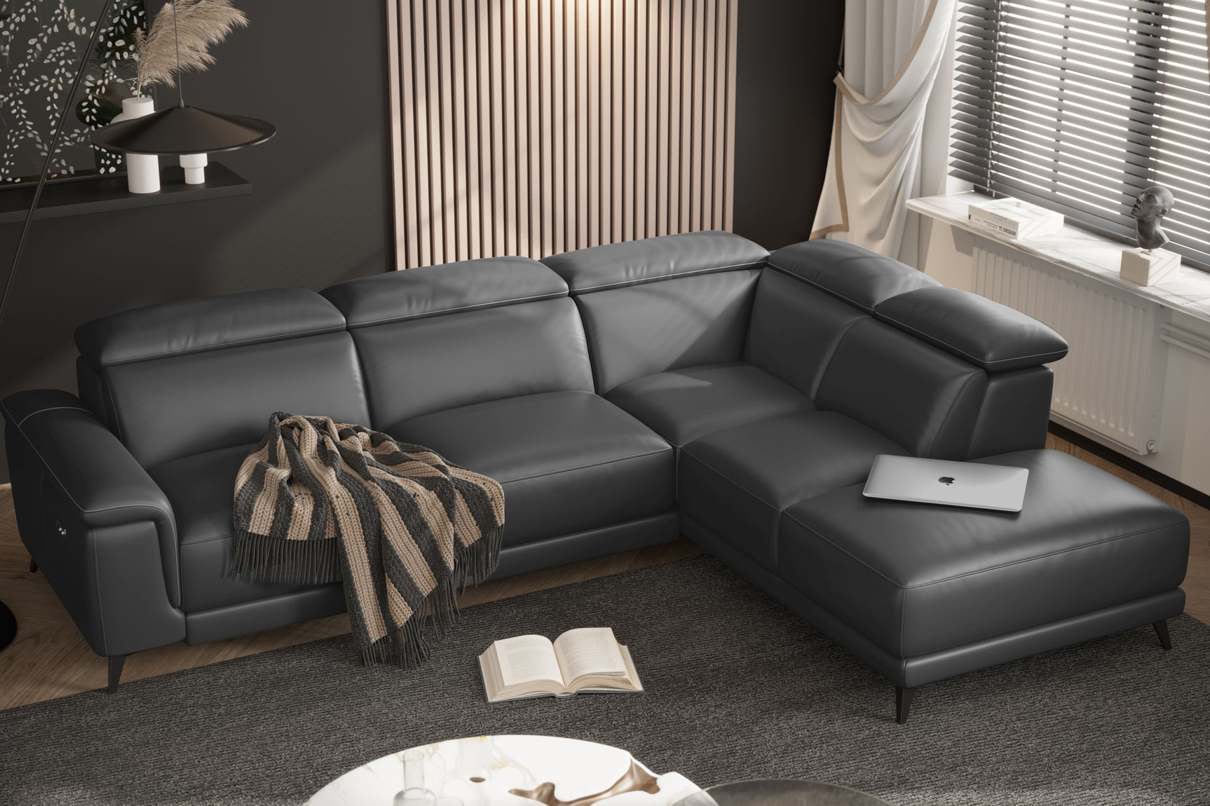 Valencia Pista Modern Top Grain Leather Reclining Sectional Sofa with Right-Hand Facing Chaise Scene diagram