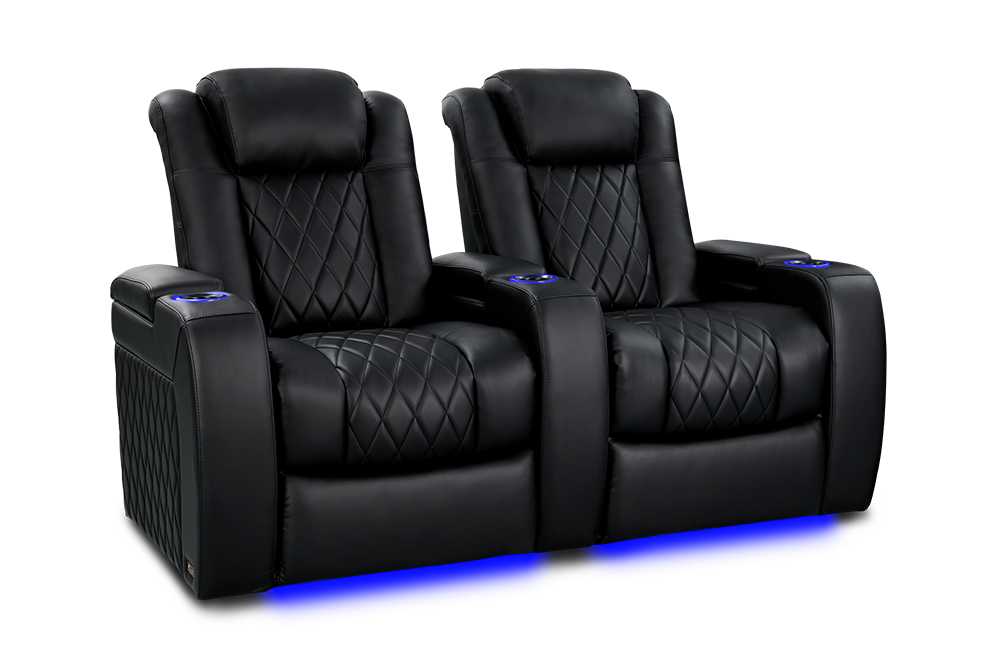Valencia Tuscany Heat & Massage Leather Home Theater Seating Row of 2, Midnight Black