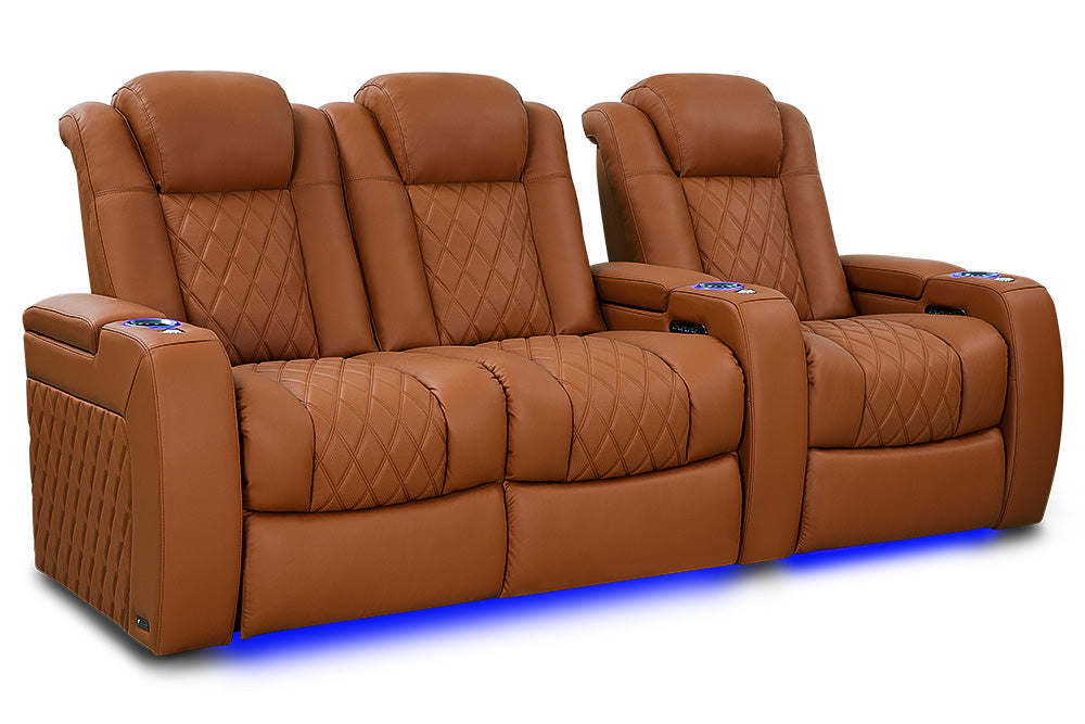 Valencia 2025 New Tuscany Ultimate Luxury Leather Home Theater Seating Row of 3 Loveseat Left, Royal Cognac