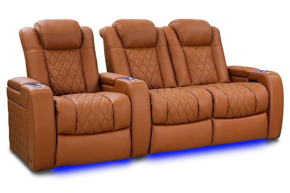 Valencia 2025 New Tuscany Ultimate Luxury Leather Home Theater Seating Row of 3 Loveseat Right, Royal Cognac