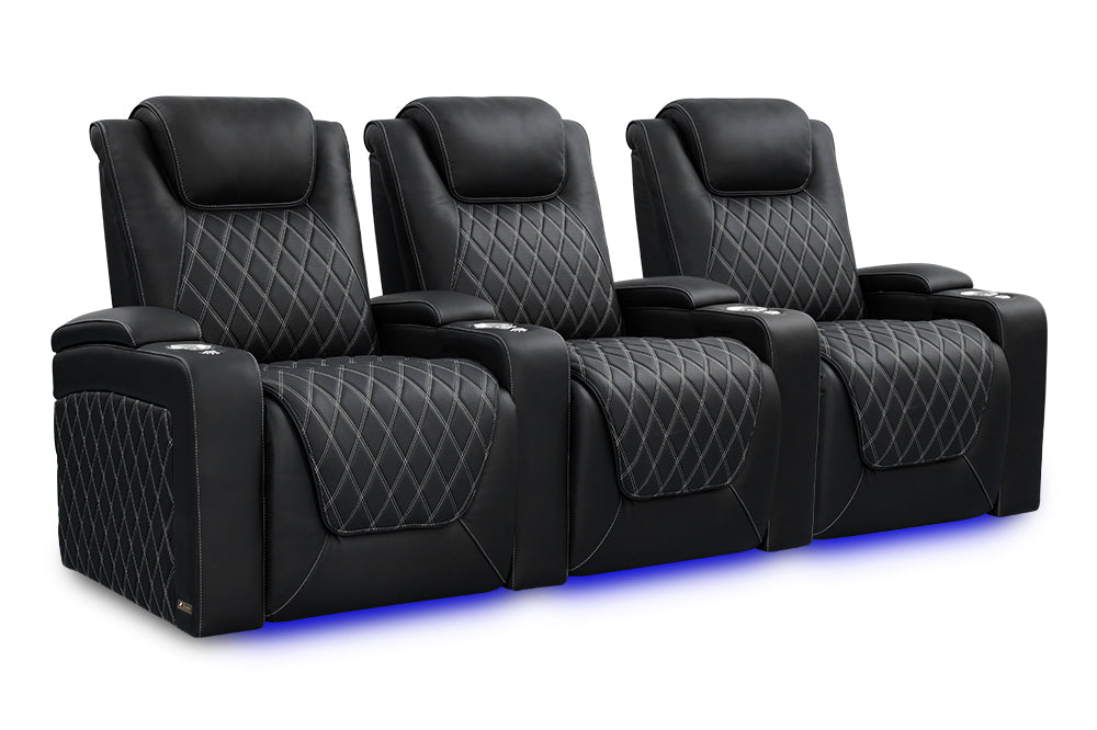 Valencia 2025 New Oslo Ultimate Luxury Leather Home Theater Seating Row of 3, Onyx with Silver Stitching