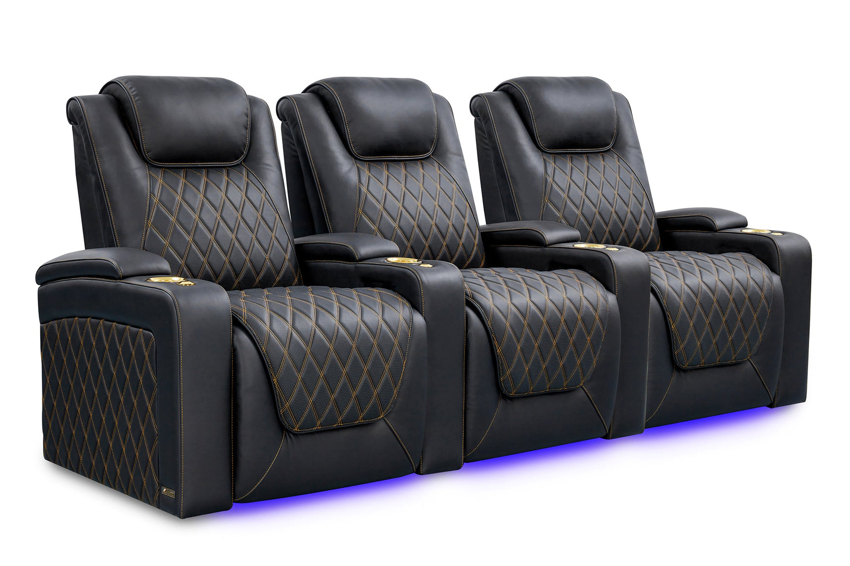 Valencia 2025 New Oslo Ultimate Luxury Leather Home Theater Seating Row of 3, Onyx with Gold Stitching
