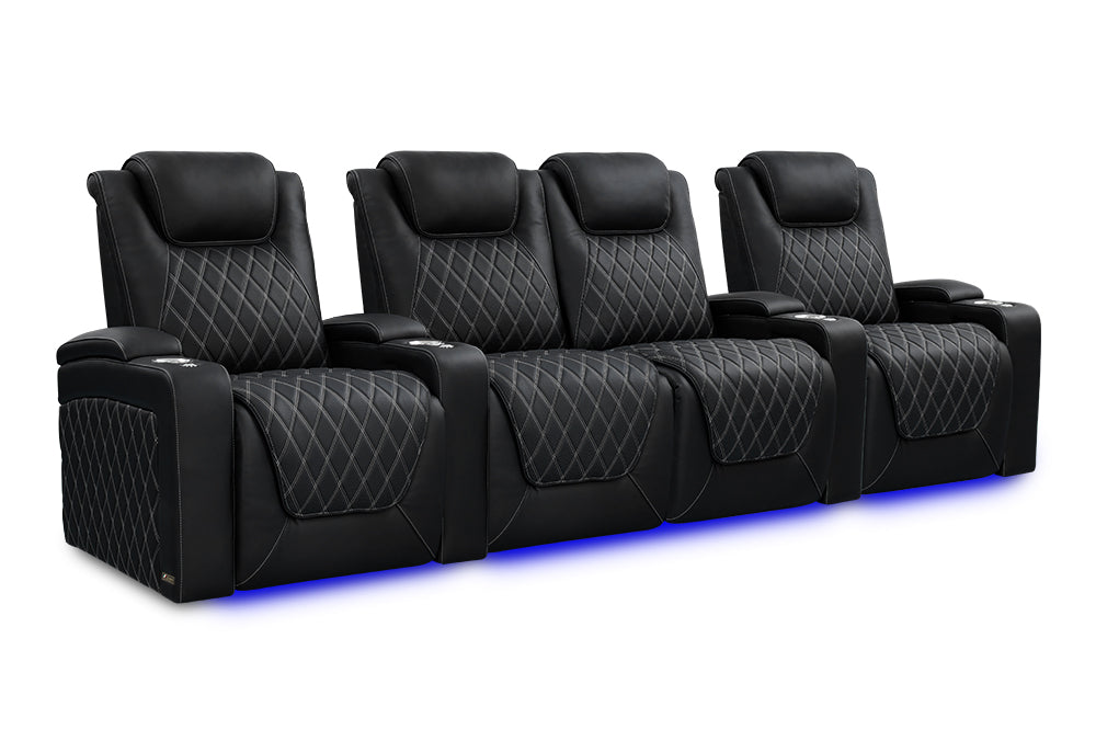 Valencia 2025 New Oslo Ultimate Luxury Leather Home Theater Seating Row of 4 Loveseat Center, Onyx with Silver Stitching
