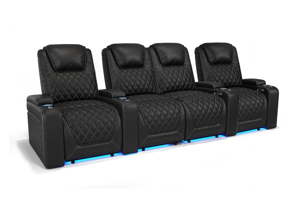 Valencia 2025 New Oslo Leather Home Theater Seating Row of 4 Loveseat Center, Midnight Black