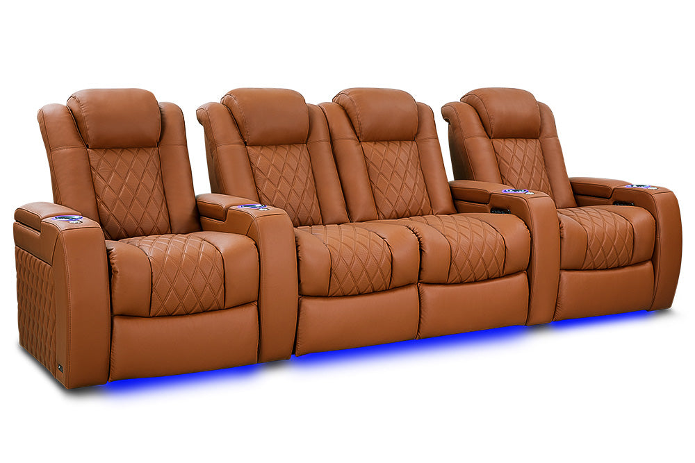 Valencia 2025 New Tuscany Ultimate Luxury Leather Home Theater Seating Row of 4 Loveseat Center, Royal Cognac