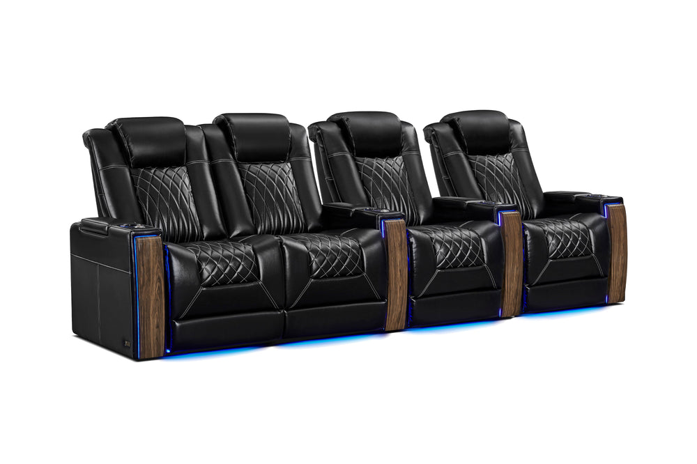 Valencia 2025 New Tuscany Executive Heat & Massage Leather Home Theater Seating Row of 4 Loveseat Left, Midnight Black