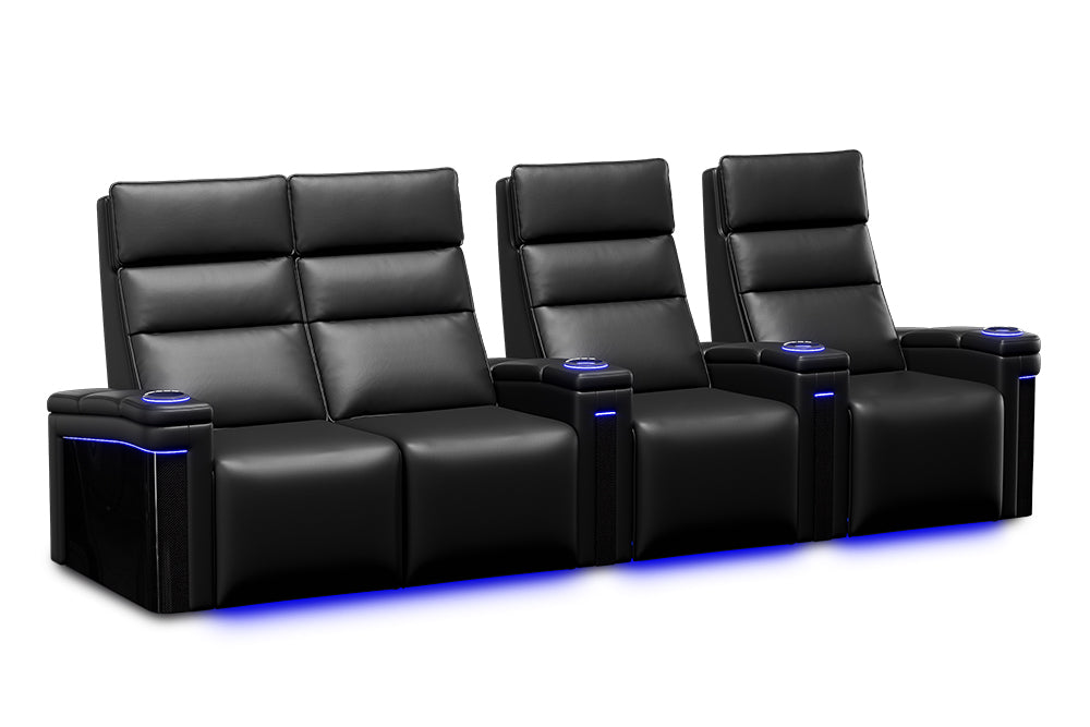Valencia 2025 New Monza Leather Home Theater Seating With Carbon Fiber Panel Row of 4 Loveseat Left, Black