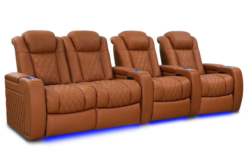 Valencia 2025 New Tuscany Ultimate Luxury Leather Home Theater Seating Row of 4 Loveseat Left, Royal Cognac