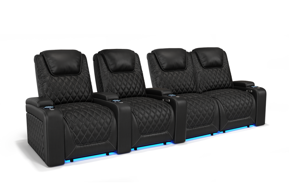 Valencia 2025 New Oslo Leather Home Theater Seating Row of 4 Loveseat Right, Midnight Black