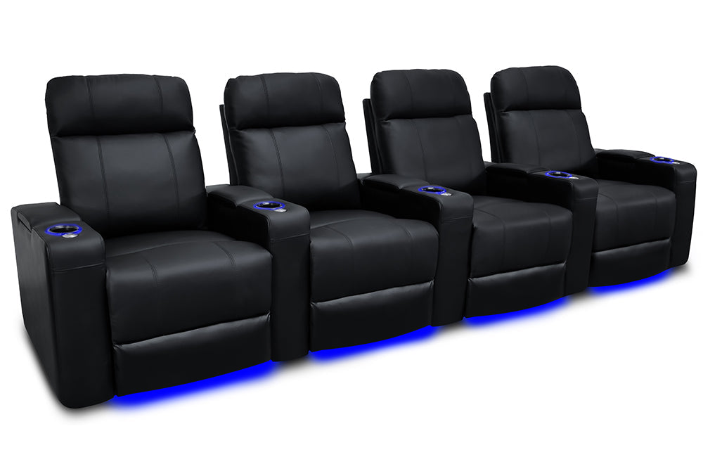 Valencia Piacenza Leather Home Theater Seating Power Headrest Row of 4, Black