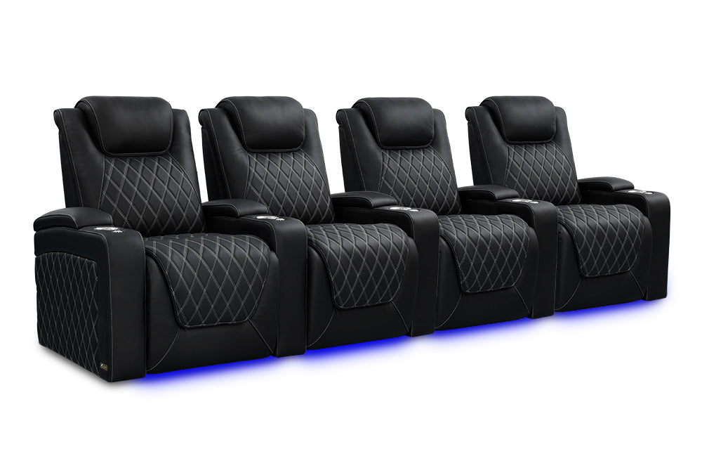 Valencia 2025 New Oslo Ultimate Luxury Leather Home Theater Seating Row of 4, Onyx with Silver Stitching