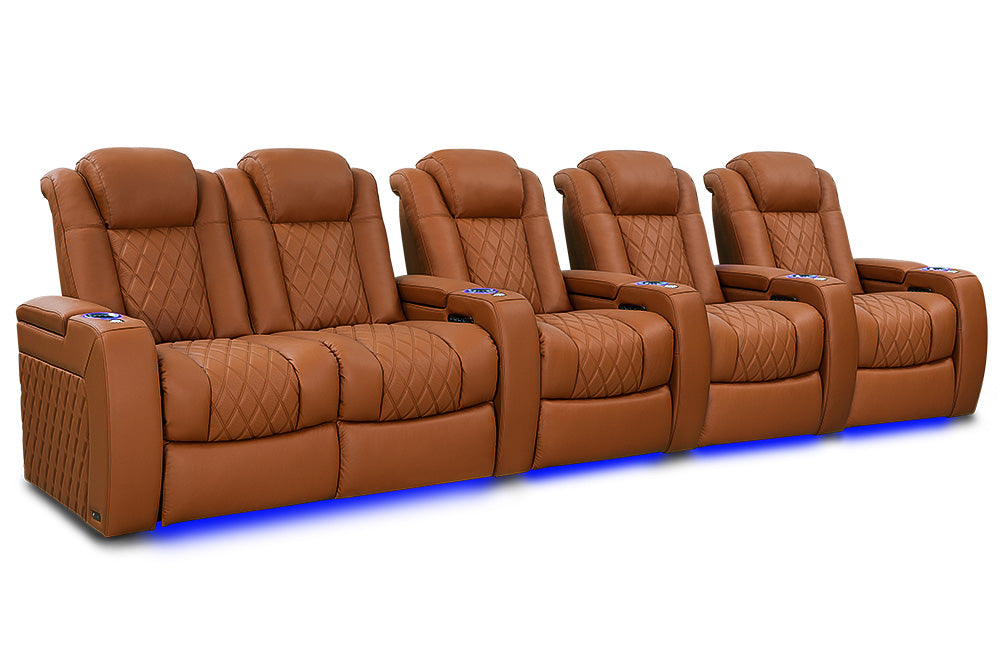 Valencia 2025 New Tuscany Ultimate Luxury Leather Home Theater Seating Row of 5 Loveseat Left, Royal Cognac