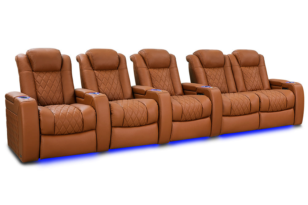 Valencia 2025 New Tuscany Ultimate Luxury Leather Home Theater Seating Row of 5 Loveseat Right, Royal Cognac