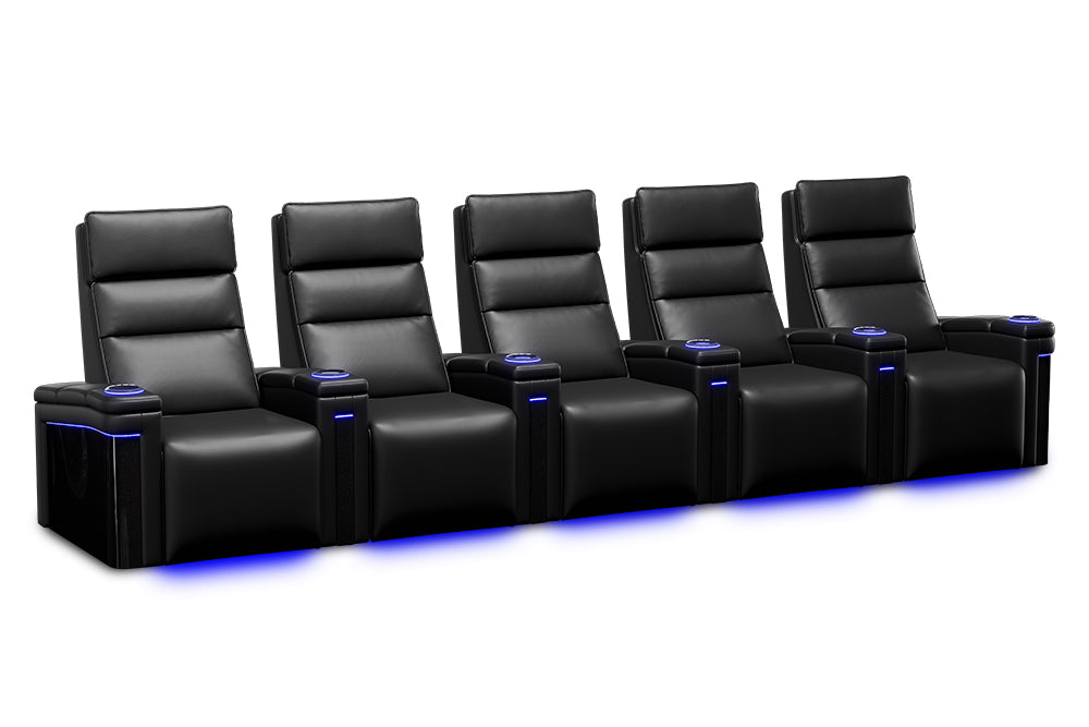 Valencia Monza Leather Home Theater Seating With Carbon Fiber Panel Row of 5, Black