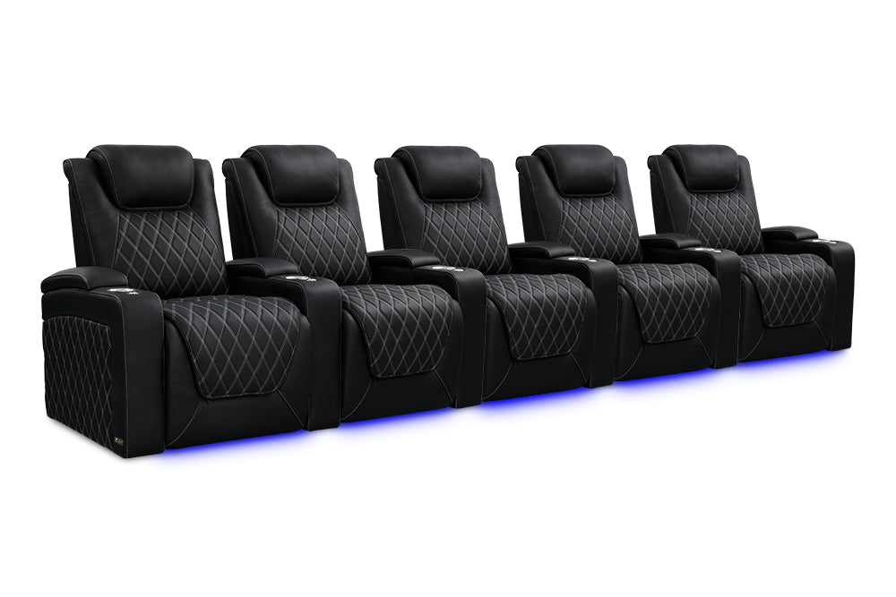 Valencia 2025 New Oslo Ultimate Luxury Leather Home Theater Seating Row of 5, Onyx with Silver Stitching