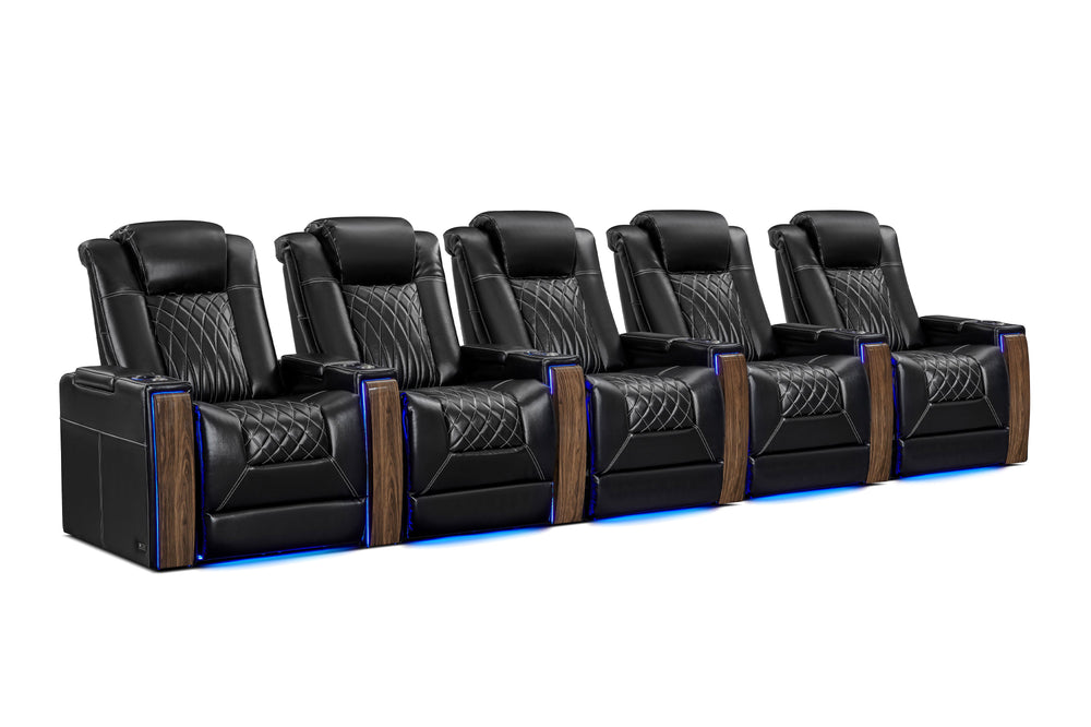 Valencia 2025 New Tuscany Executive Heat & Massage Leather Home Theater Seating Row of 5, Midnight Black