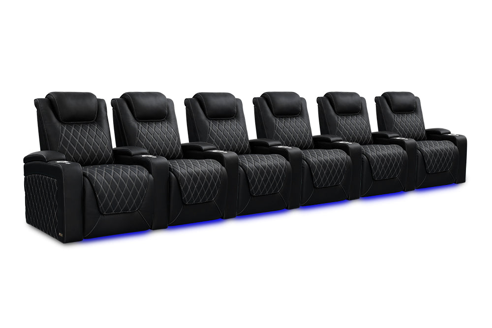 Valencia 2025 New Oslo Ultimate Luxury Leather Home Theater Seating Row of 6, Onyx with Silver Stitching