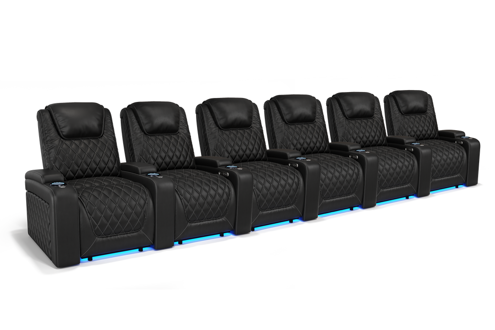 Valencia 2025 New Oslo Leather Home Theater Seating Row of 6, Midnight Black