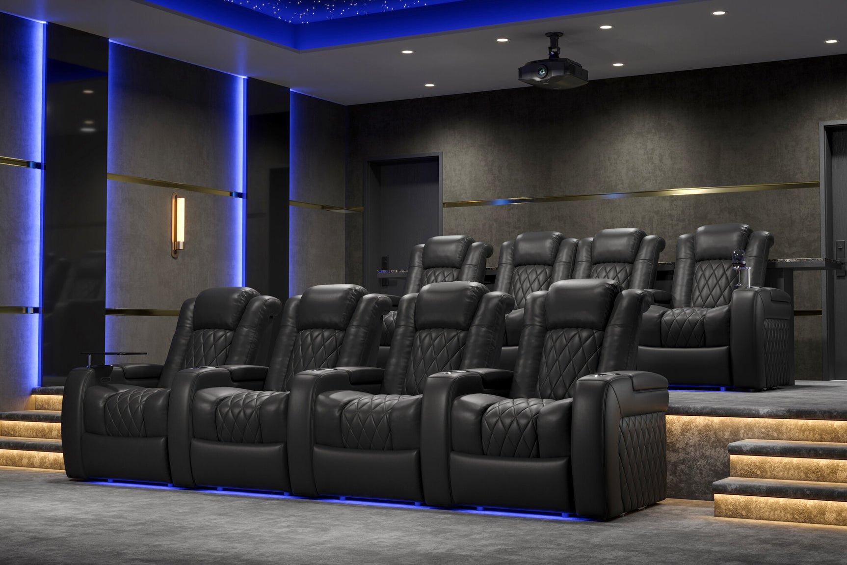 Valencia 2025 New Tuscany Italian Leather Home Theater Seating Row of 3, Midnight Black