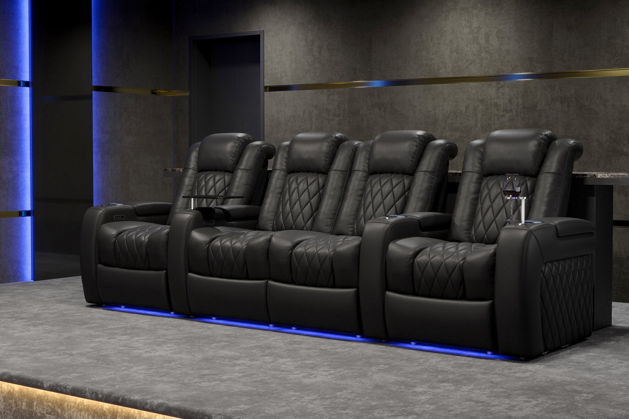 Valencia 2025 New Tuscany Italian Leather Home Theater Seating Row of 3, Midnight Black