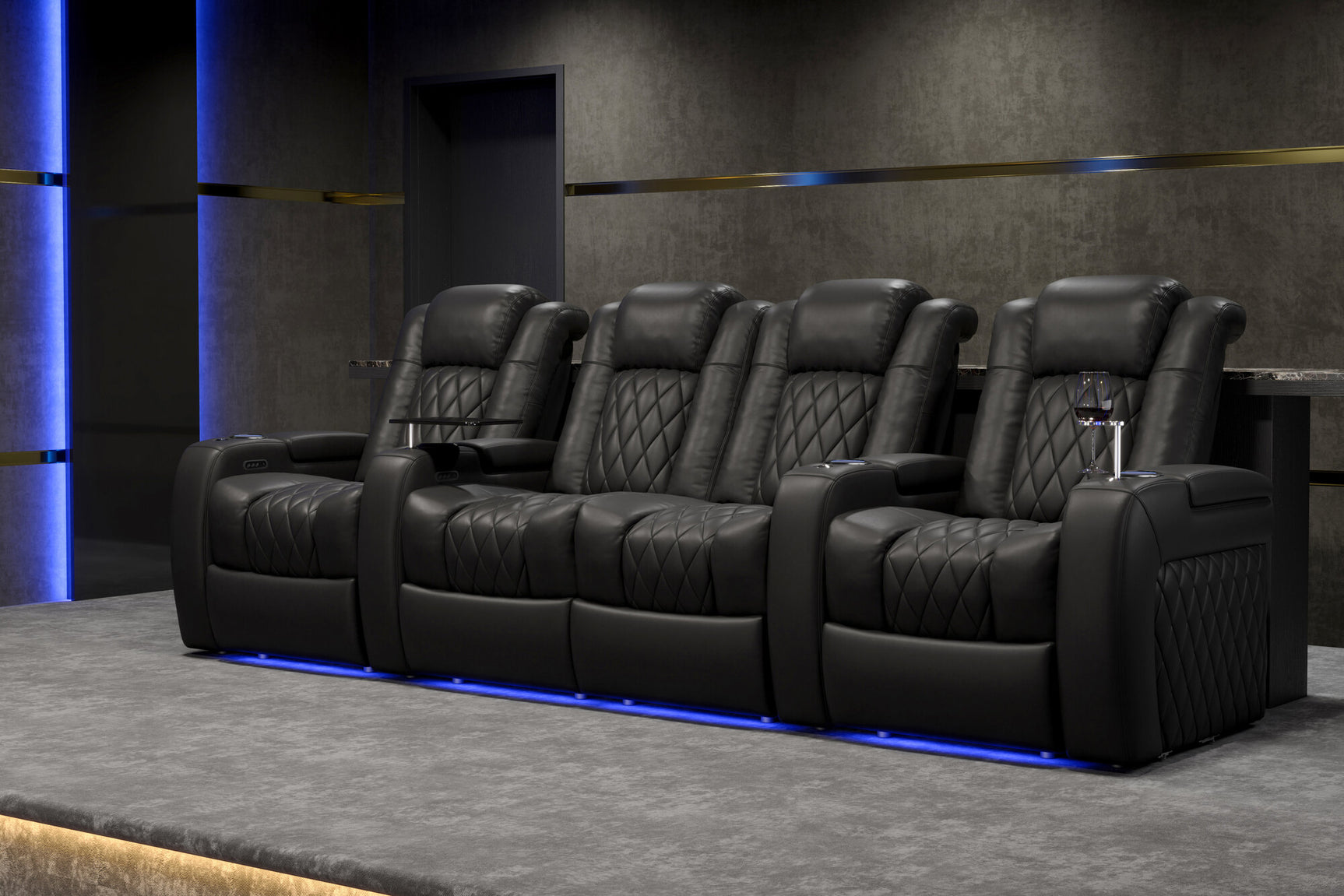 Valencia 2025 New Tuscany Italian Leather Home Theater Seating Row of 3, Midnight Black