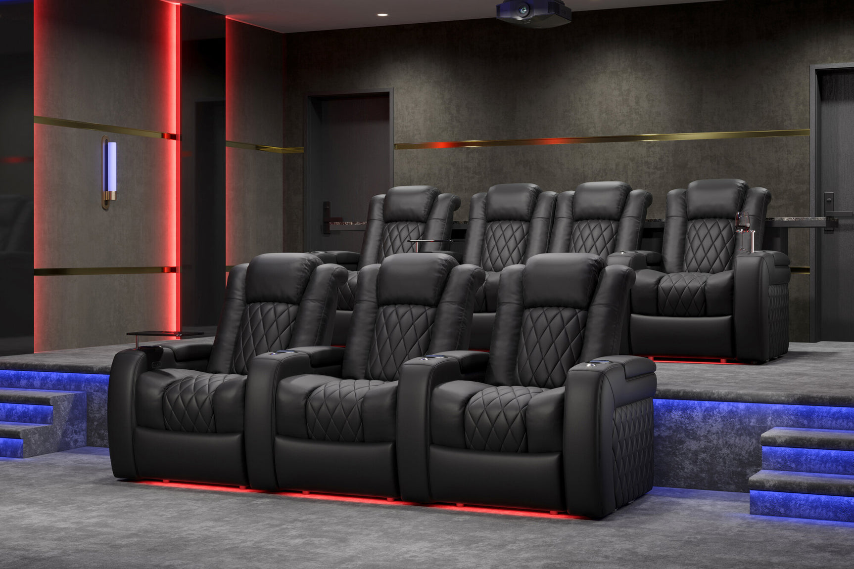 Valencia 2025 New Tuscany Italian Leather Home Theater Seating Row of 3, Midnight Black