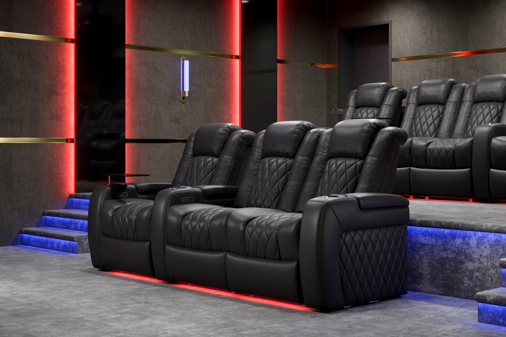 Valencia 2025 New Tuscany Italian Leather Home Theater Seating Row of 3, Midnight Black