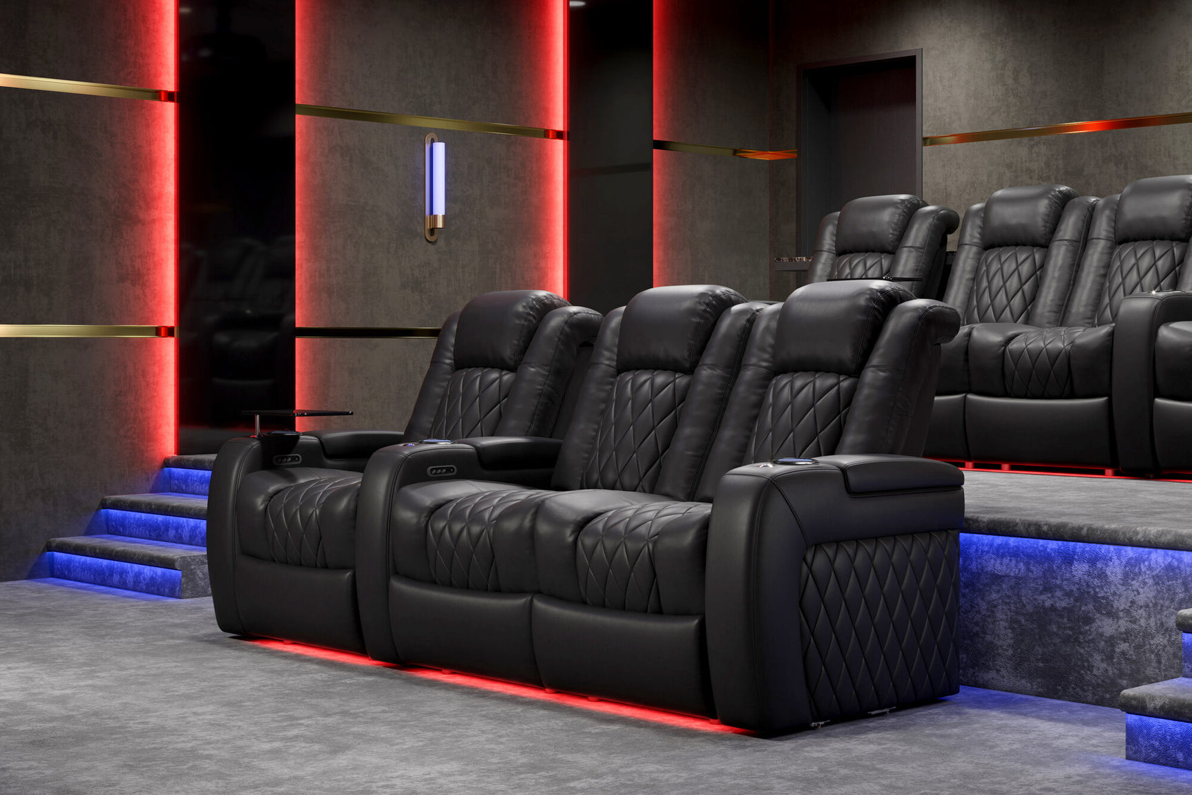 Valencia 2025 New Tuscany Italian Leather Home Theater Seating Row of 3, Midnight Black