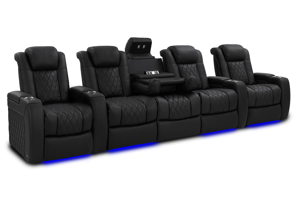 Valencia Tuscany Luxury Console Leather Home Theater Seating Row of 5 Dropdown Center, Onyx