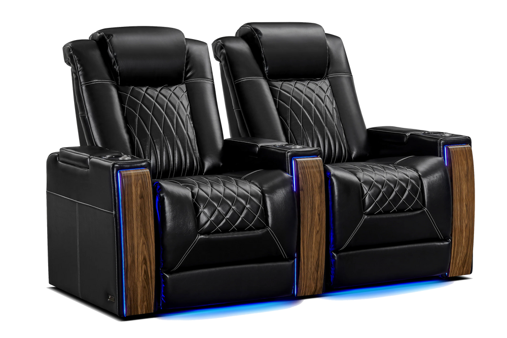 Valencia Tuscany Executive Heat & Massage Leather Home Theater Seating Row of 2, Midnight Black