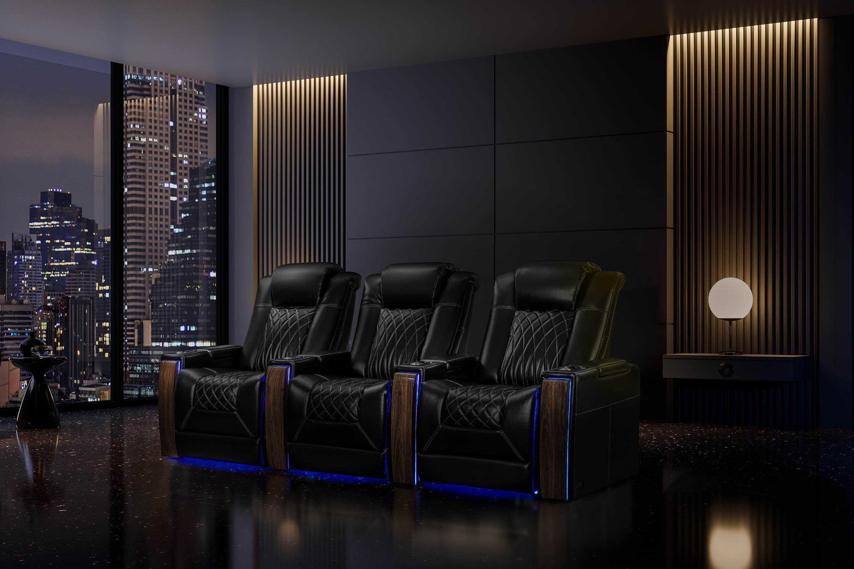 Valencia 2025 New Tuscany Executive Heat & Massage Leather Home Theater Seating Row of 4 Loveseat Center, Midnight Black