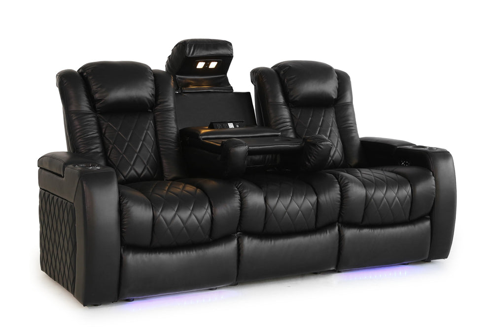 Valencia Tuscany Console Leather Home Theater Seating Row of 3 Dropdown Center, Midnight Black
