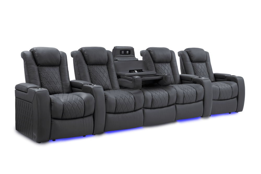Valencia 2025 New Tuscany Console Leather Home Theater Seating Row of 5 Dropdown Center, Charcoal Grey