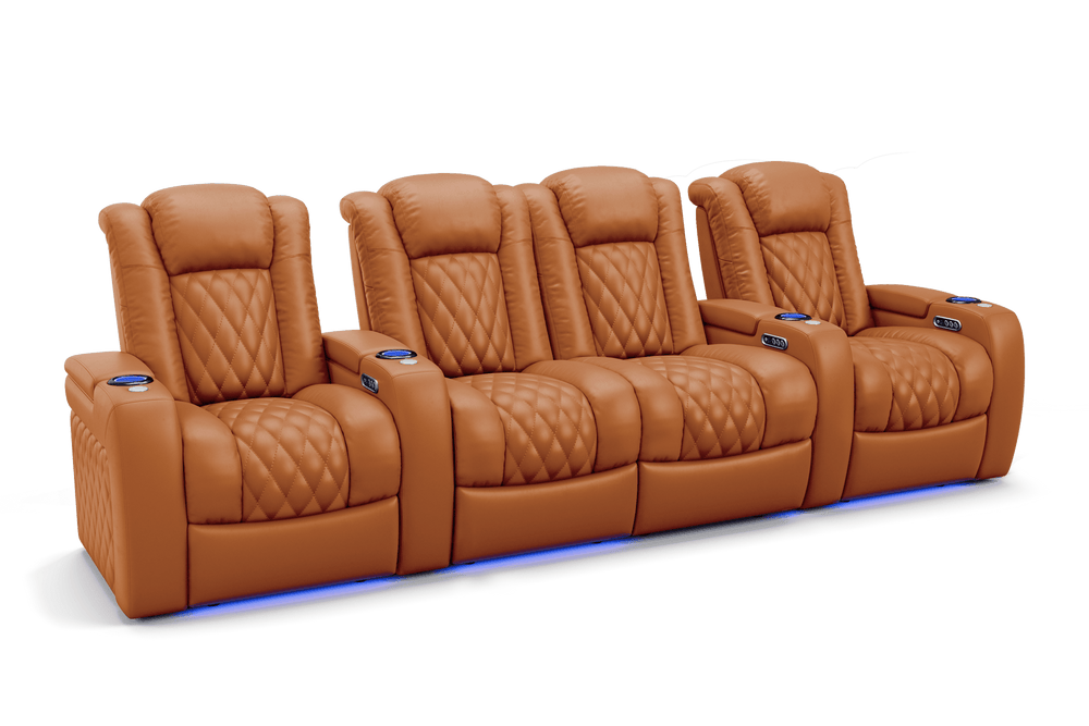 Valencia 2025 New Tuscany Leather Home Theater Seating Row of 4 Loveseat Center, Cognac