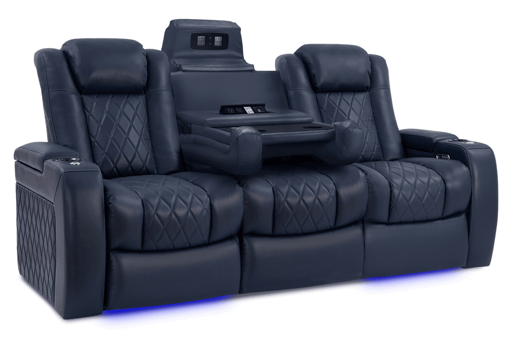 Valencia 2025 New Tuscany Console Leather Home Theater Seating Row of 3 Dropdown Center, Navy Blue