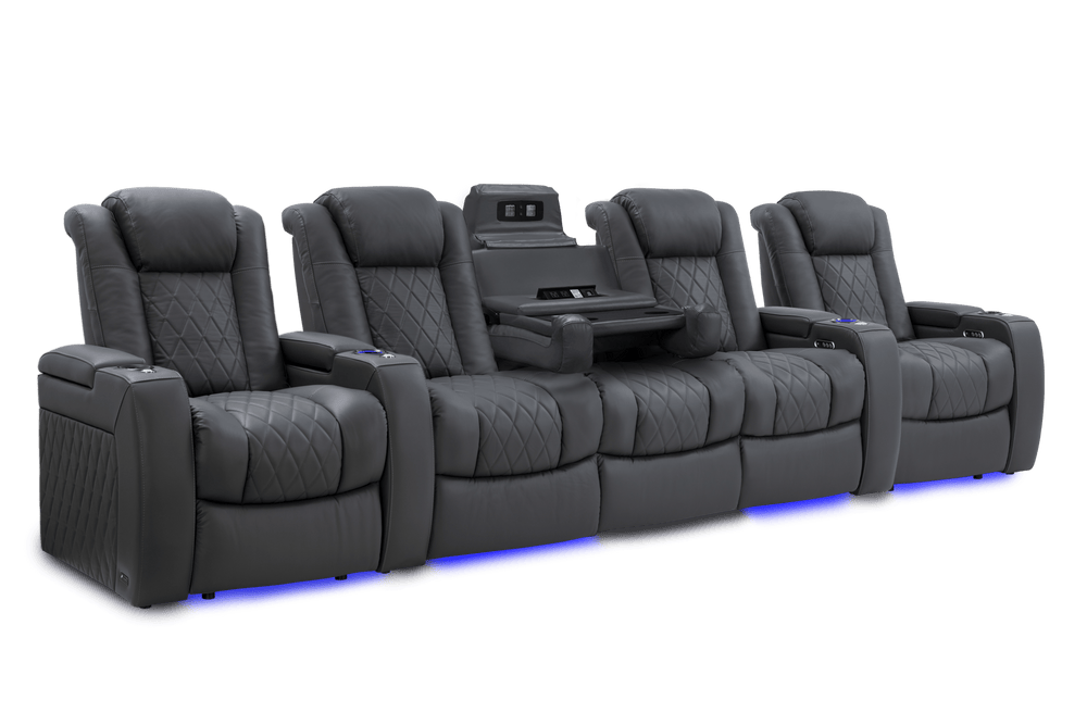 Valencia 2025 New Tuscany Console Leather Home Theater Seating Row of 5 Dropdown Center, Charcoal Grey