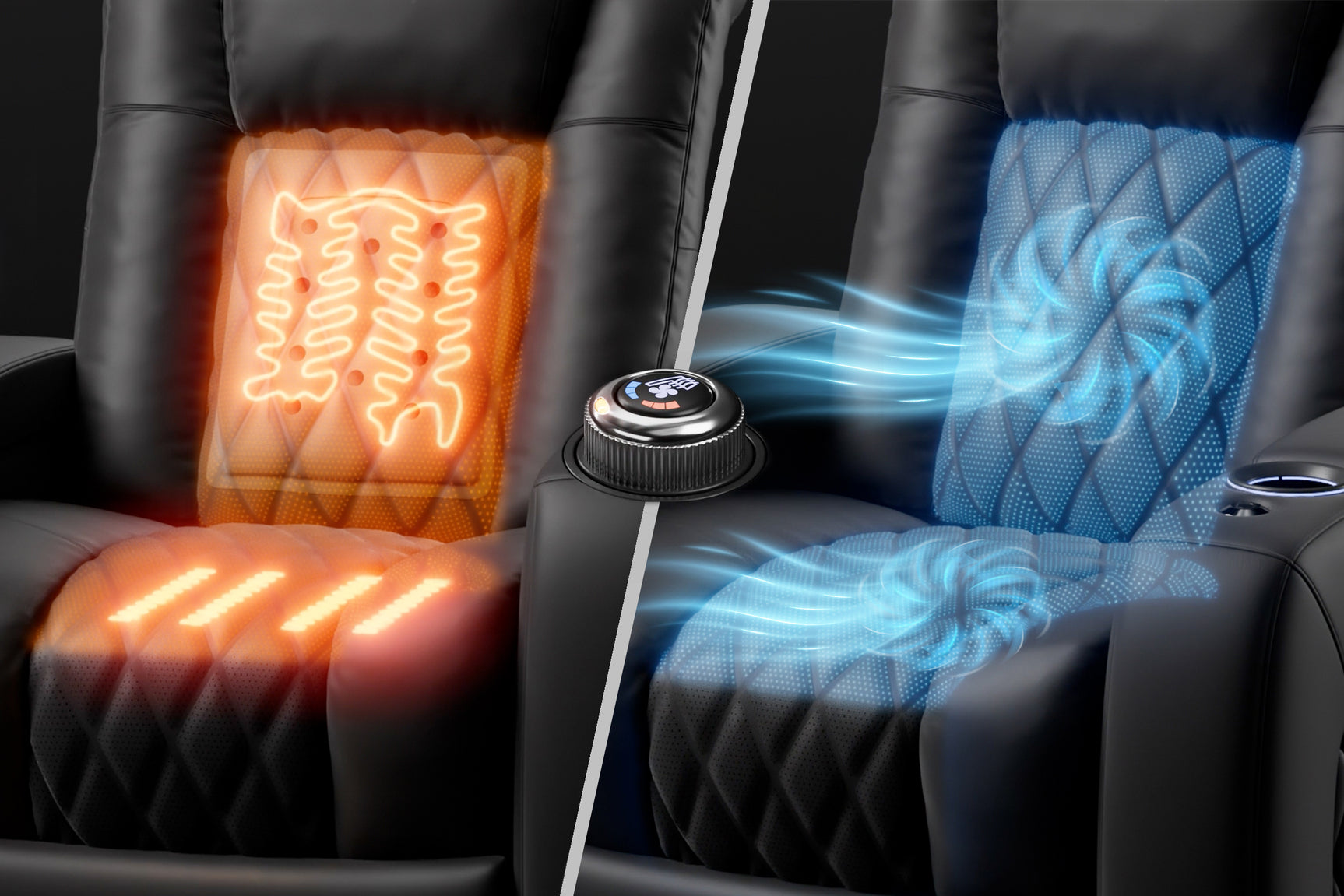 Valencia 2025 New Tuscany Ultimate Luxury Heat & Ventilation Leather Home Theater Seating Row of 3 Loveseat Left, Onyx