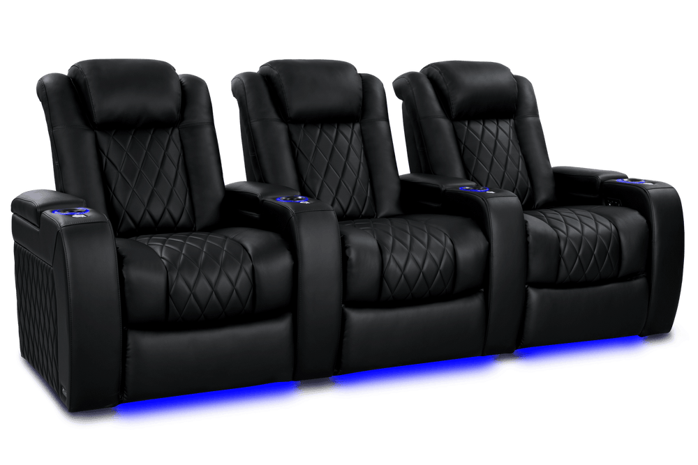 Valencia 2025 New Tuscany Heat & Massage Leather Home Theater Seating Row of 3, Midnight Black