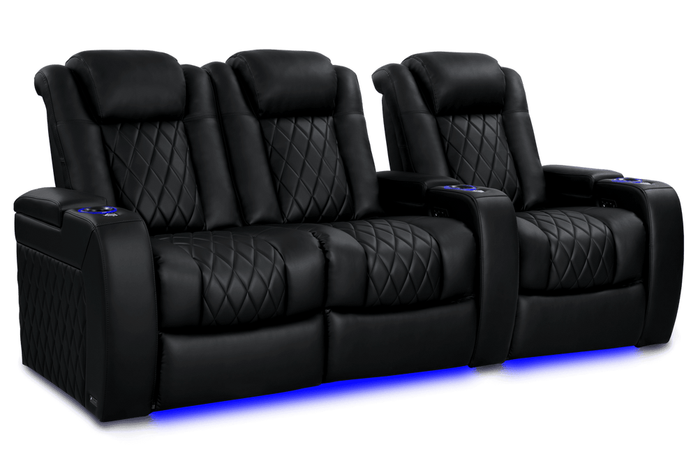 Valencia 2025 New Tuscany Heat & Massage Leather Home Theater Seating Row of 3 Loveseat Left, Midnight Black