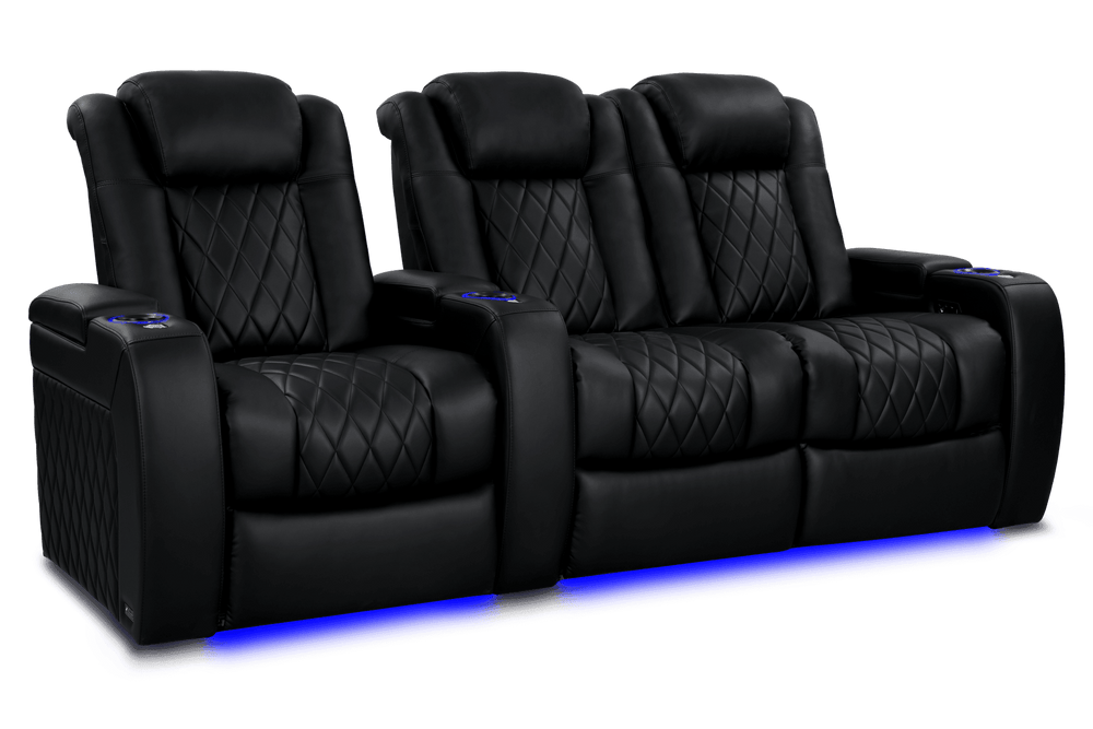 Valencia 2025 New Tuscany Heat & Massage Leather Home Theater Seating Row of 3 Loveseat Right, Midnight Black