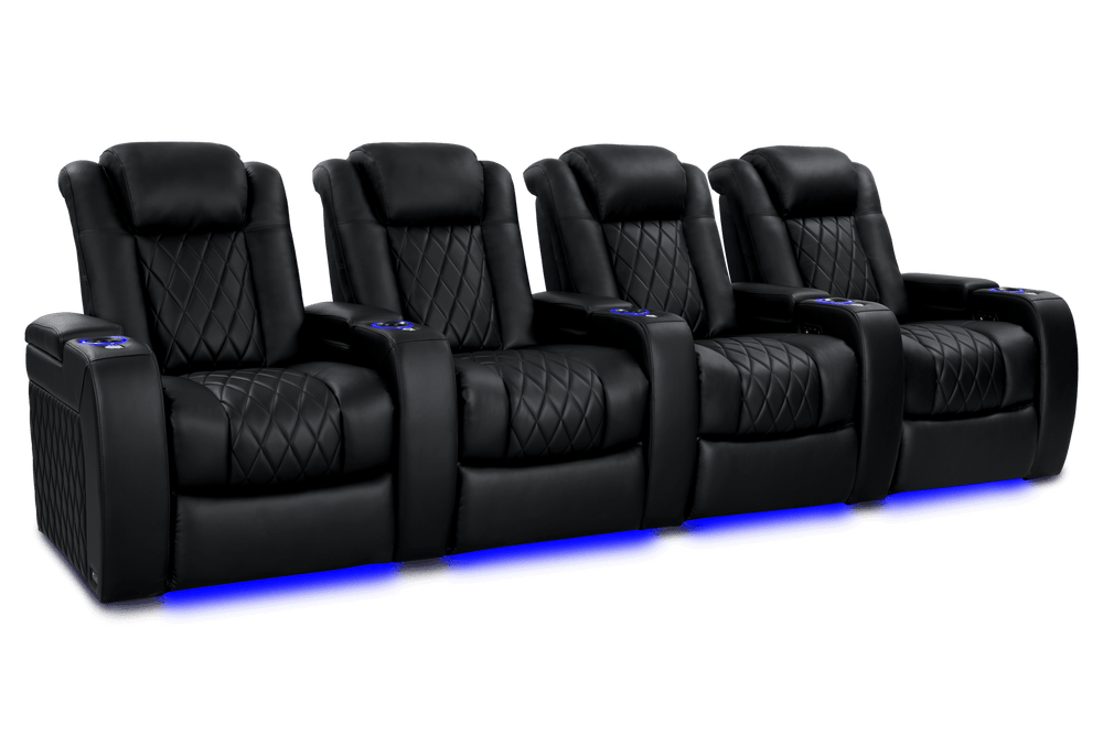 Valencia 2025 New Tuscany Heat & Massage Leather Home Theater Seating Row of 4, Midnight Black