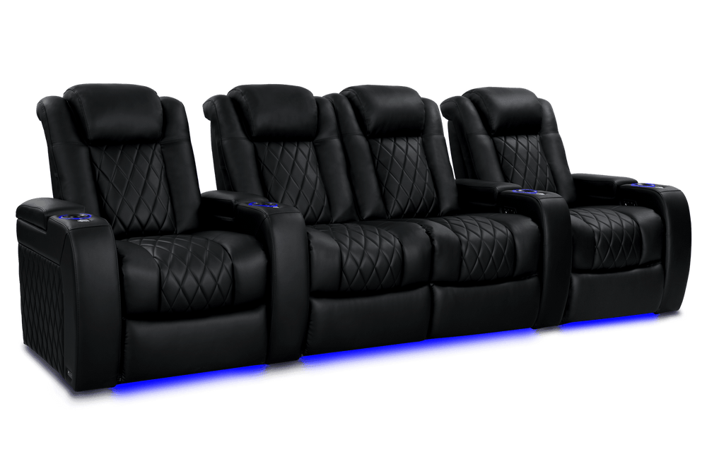 Valencia 2025 New Tuscany Heat & Massage Leather Home Theater Seating Row of 4 Loveseat Center, Midnight Black