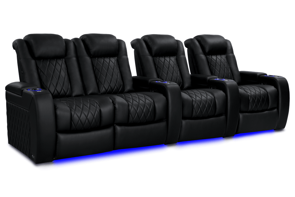 Valencia 2025 New Tuscany Heat & Massage Leather Home Theater Seating Row of 4 Loveseat Left, Midnight Black