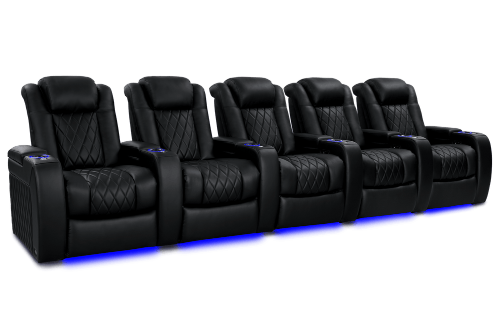 Valencia 2025 New Tuscany Heat & Massage Leather Home Theater Seating Row of 5, Midnight Black
